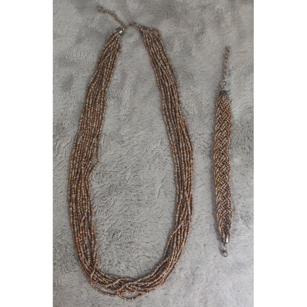 Bronze Multi Strand Seed Bead Necklace / Braided Bracelet Jewelry Set Adjustable